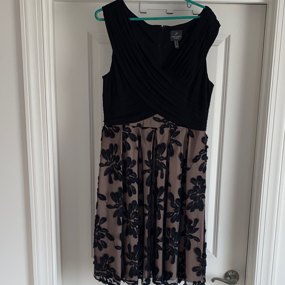 Adrianna Pappel Black Bodice Taupe Skirt Floral Lace Midi Dress